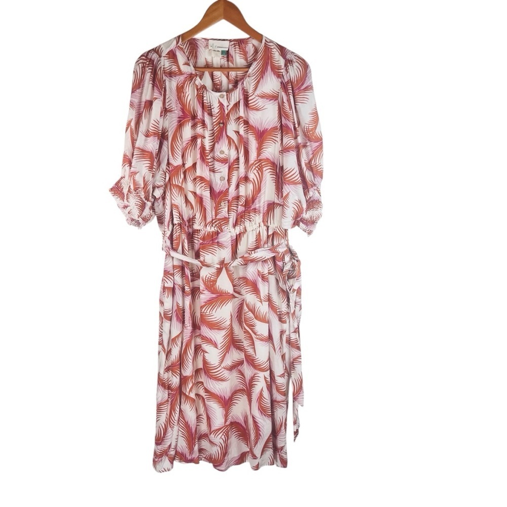 New Anthropologie Women’s Nicole Puff Sleeve Feather Dress Linen Viscose Size 1X